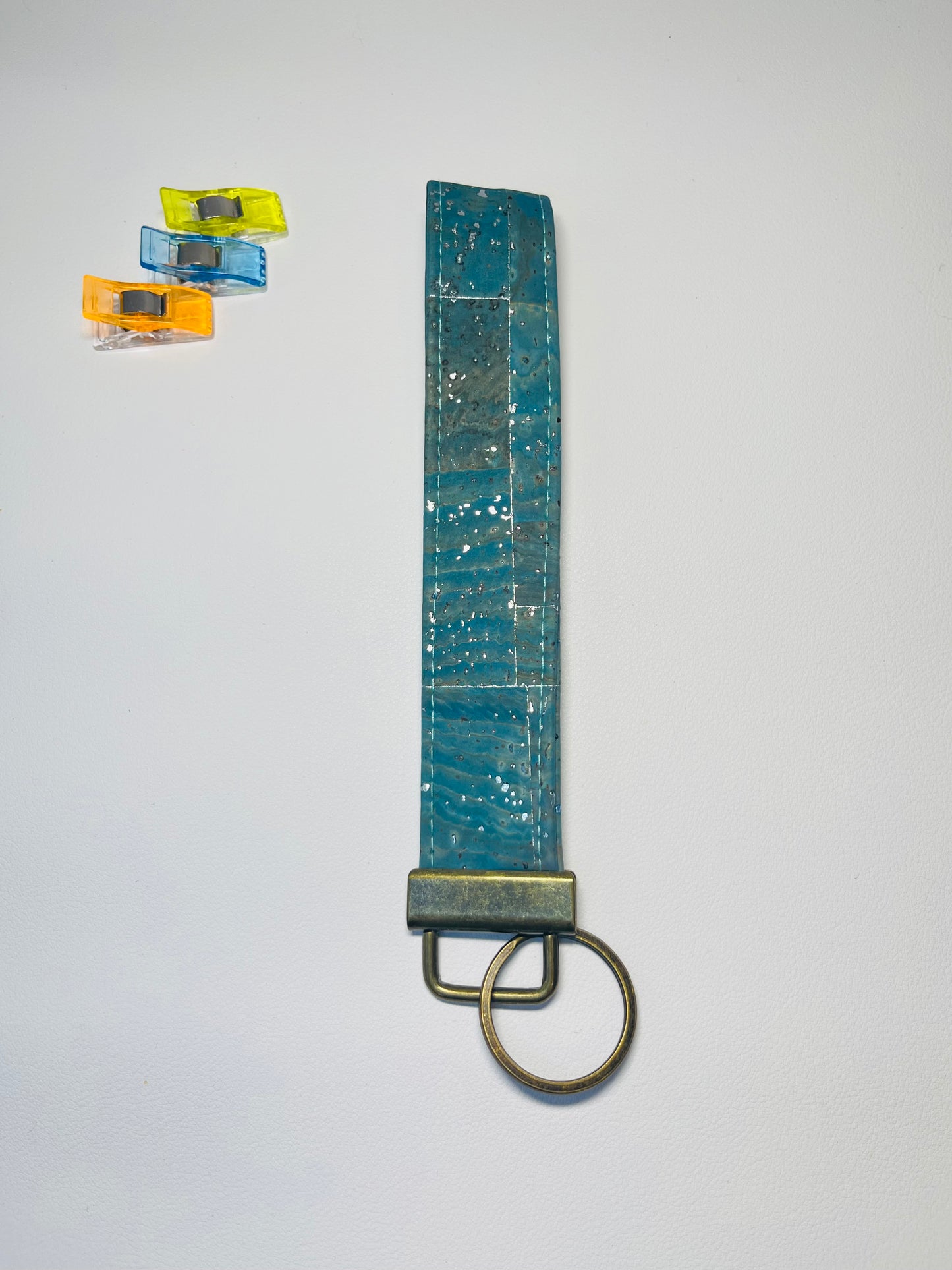 Teal Cork Key lanyard -antique brass